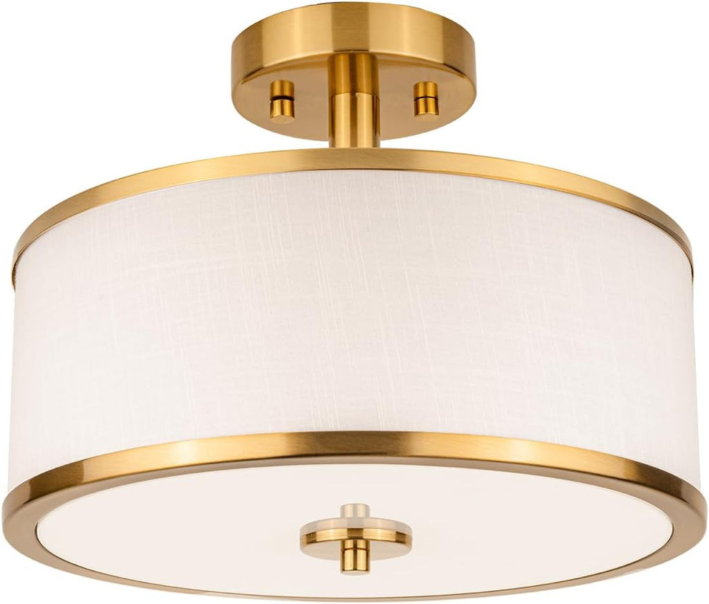 12.6" Gold White Fabric 3-Light Drum Ceiling Light