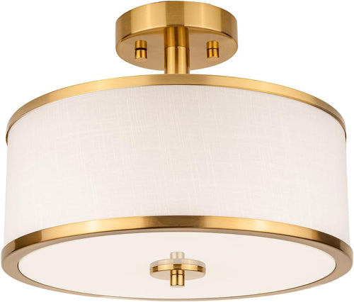 12.6" Gold White Fabric 3-Light Drum Ceiling Light
