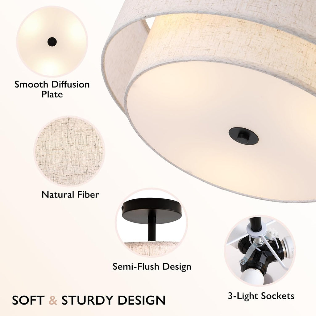 16" Double Linen Drum 3-Light Semi Flush Ceiling Light