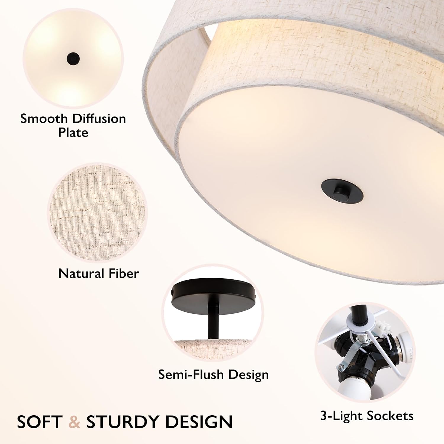 16" Double Linen Drum 3-Light Semi Flush Ceiling Light
