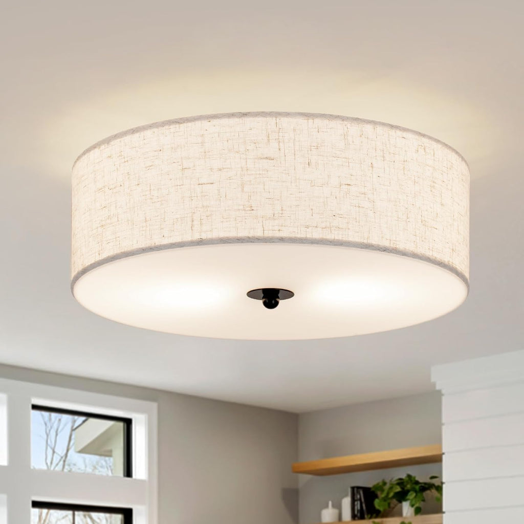 13" Beige Linen Drum 2-Light Flush Ceiling Light