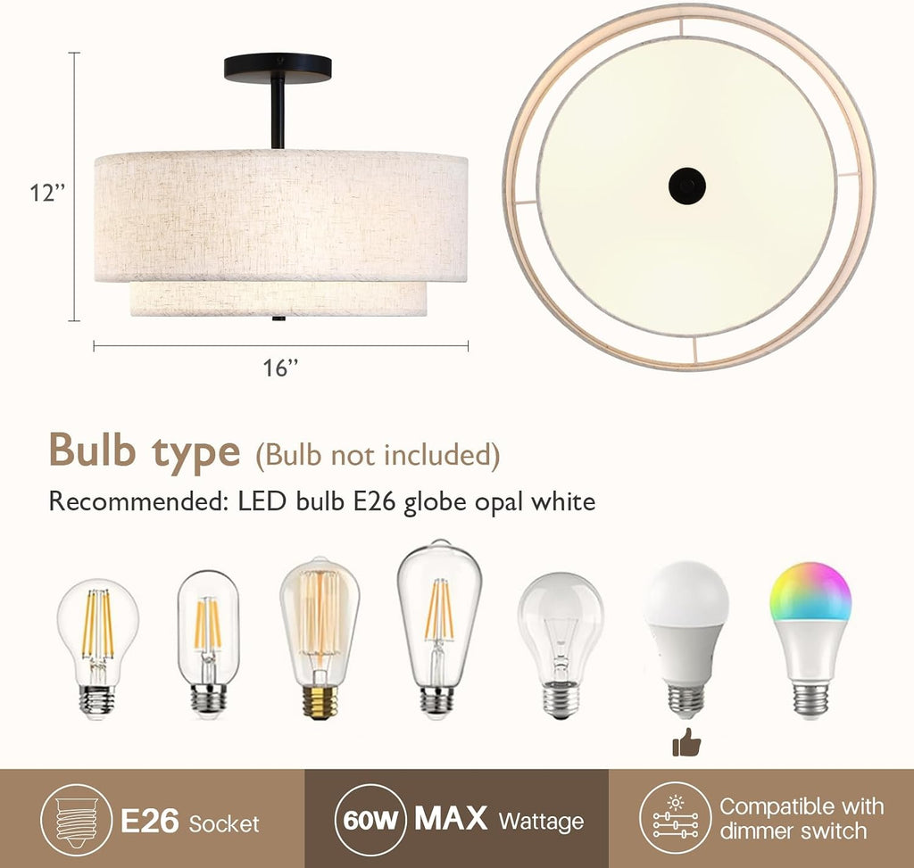 16" Double Linen Drum 3-Light Semi Flush Ceiling Light