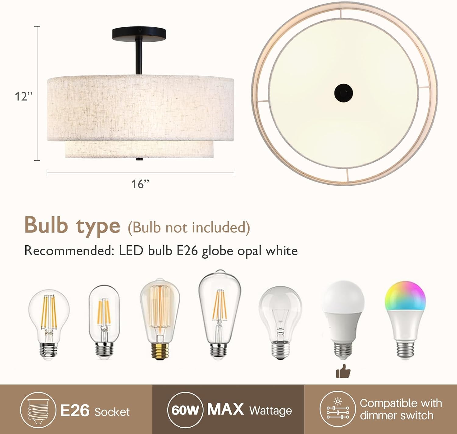 16" Double Linen Drum 3-Light Semi Flush Ceiling Light