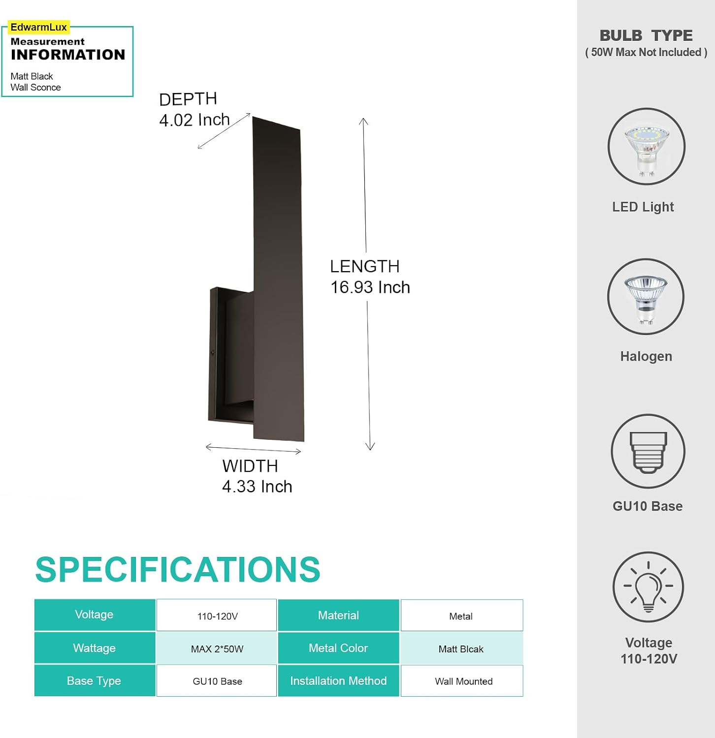 Matte Black Dimmable Up & Down GU10 Wall Sconce