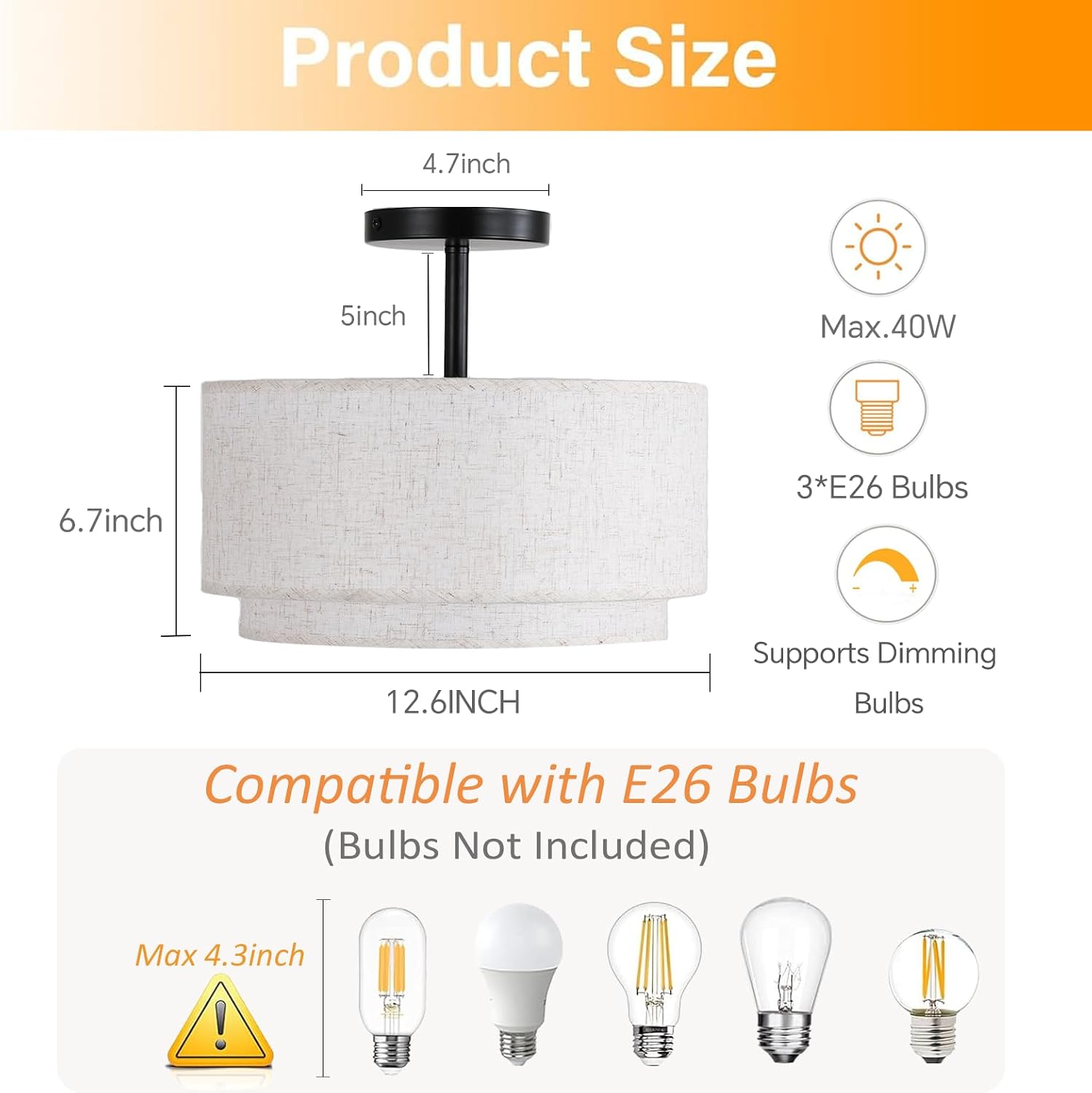 12.6" 3-Light Double Linen Drum Flush Ceiling Light