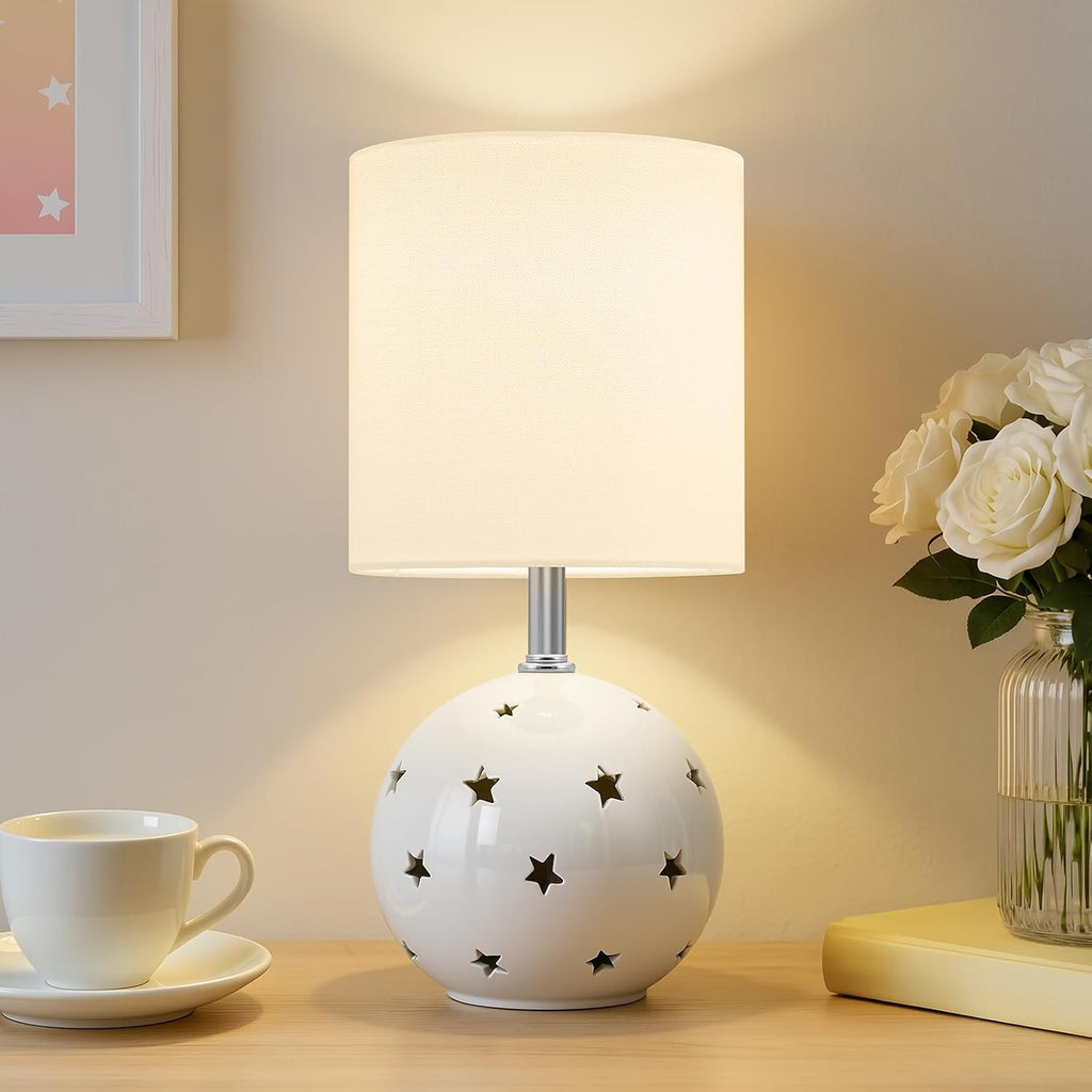 14" White Ceramic 3-Color Linen Shade Table Lamp