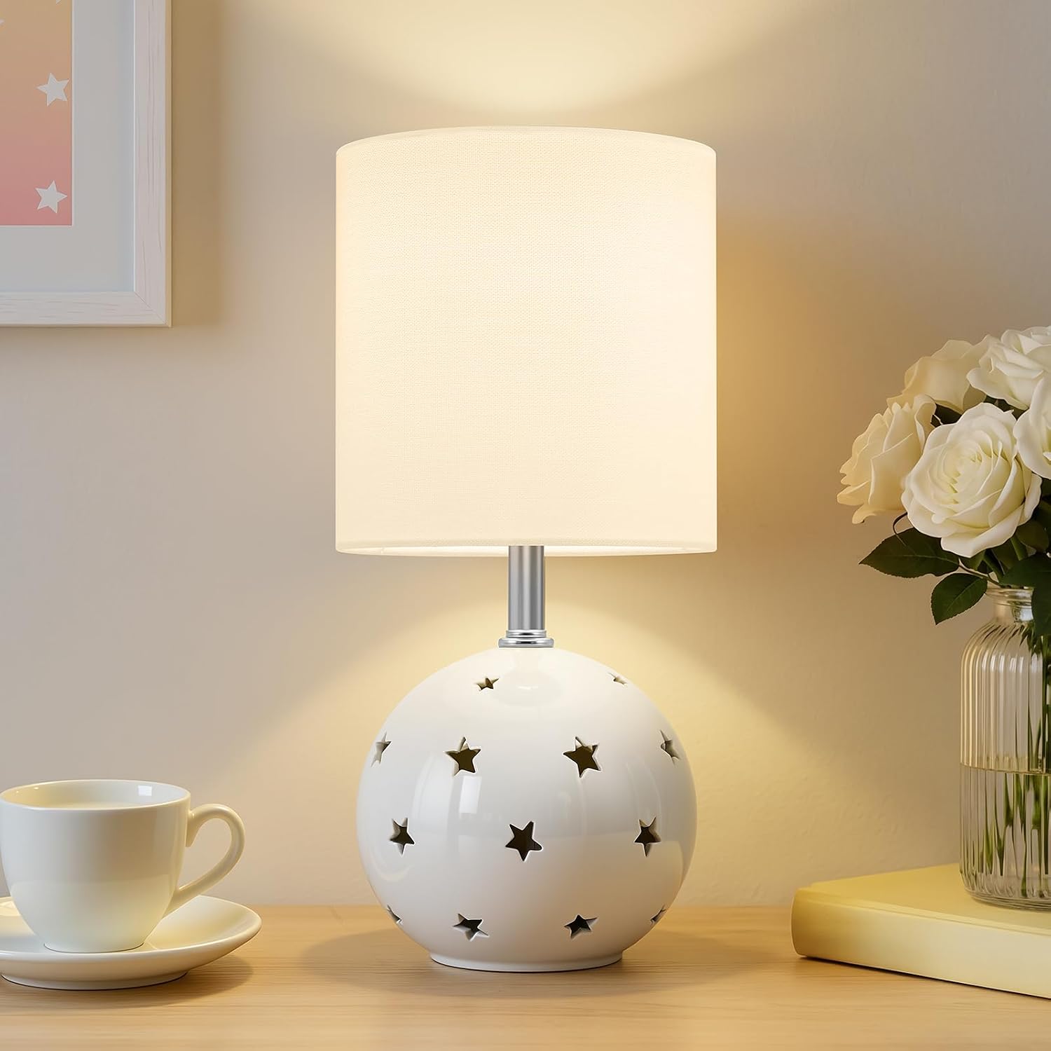 14" White Ceramic 3-Color Linen Shade Table Lamp