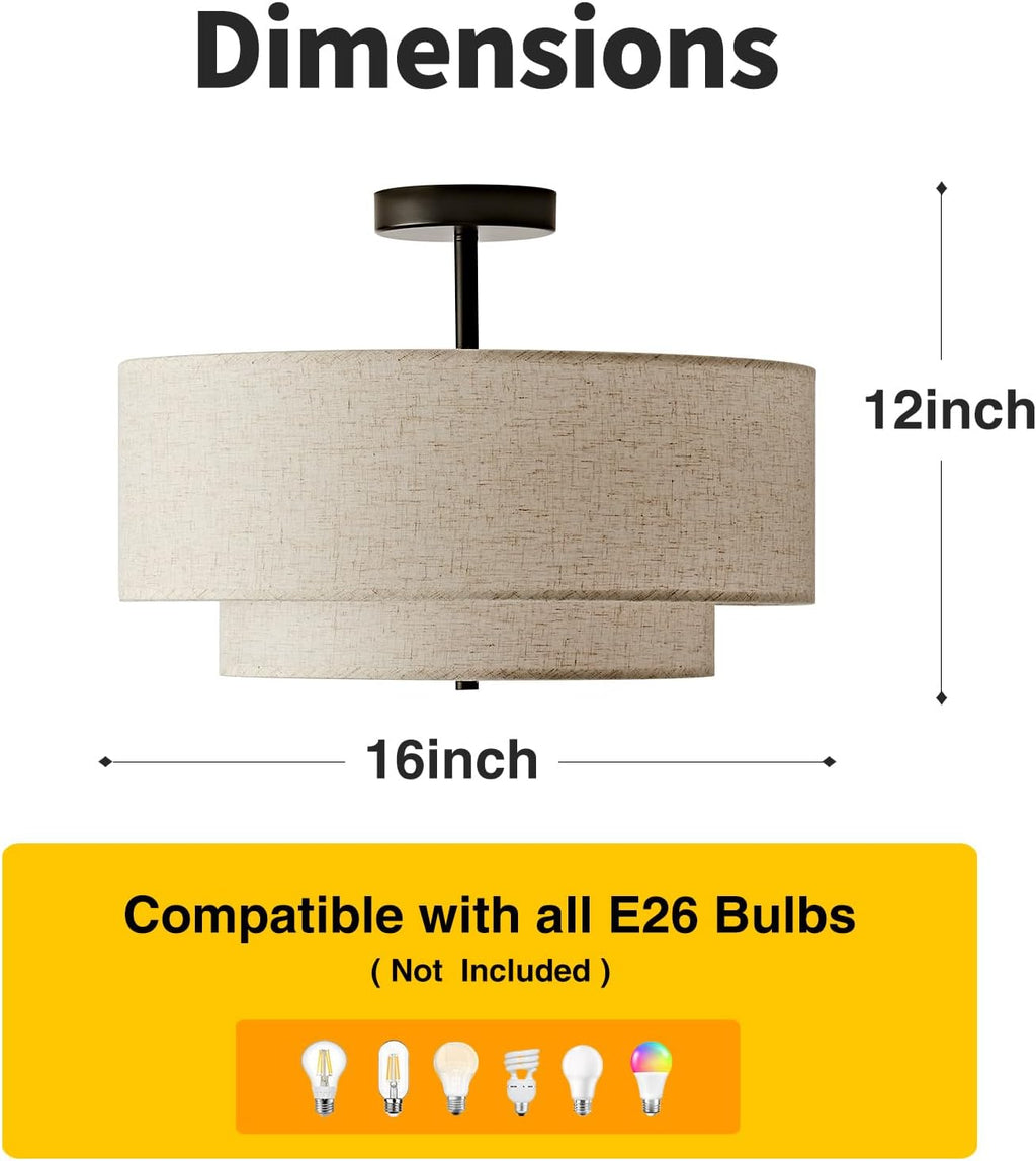 16" Linen Shade 3-Light Drum Semi Flush Ceiling Light