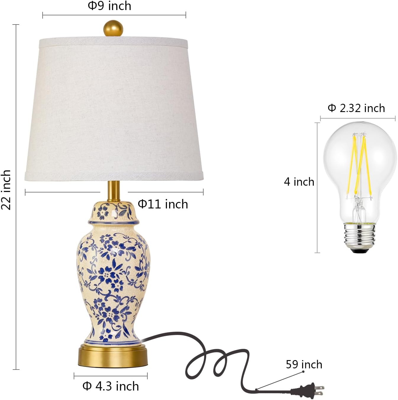 Blue Porcelain Gold Accent Ceramic Table Lamps Set of 2 with Bulbs