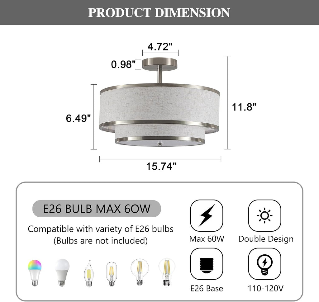 Brushed Nickel 3-Light Double Fabric Drum Ceiling Light