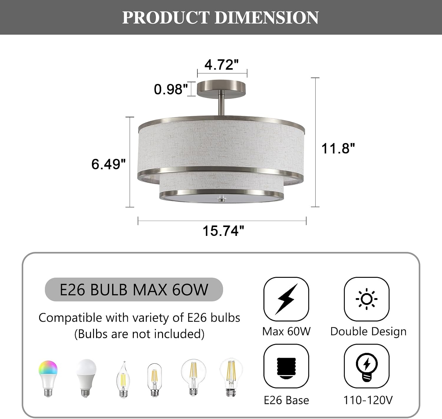 Brushed Nickel 3-Light Double Fabric Drum Ceiling Light