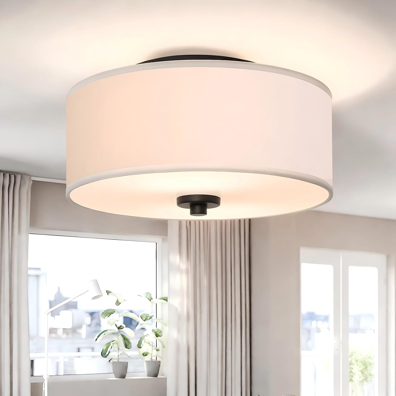 12" White Fabric Drum 2-Light Flush Ceiling Light
