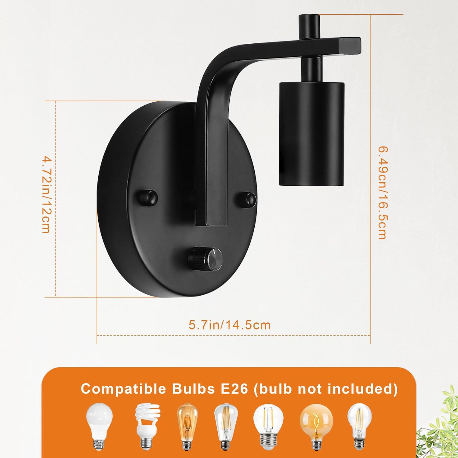 Black Dimmable Wall Sconces Set of 2 with Switch