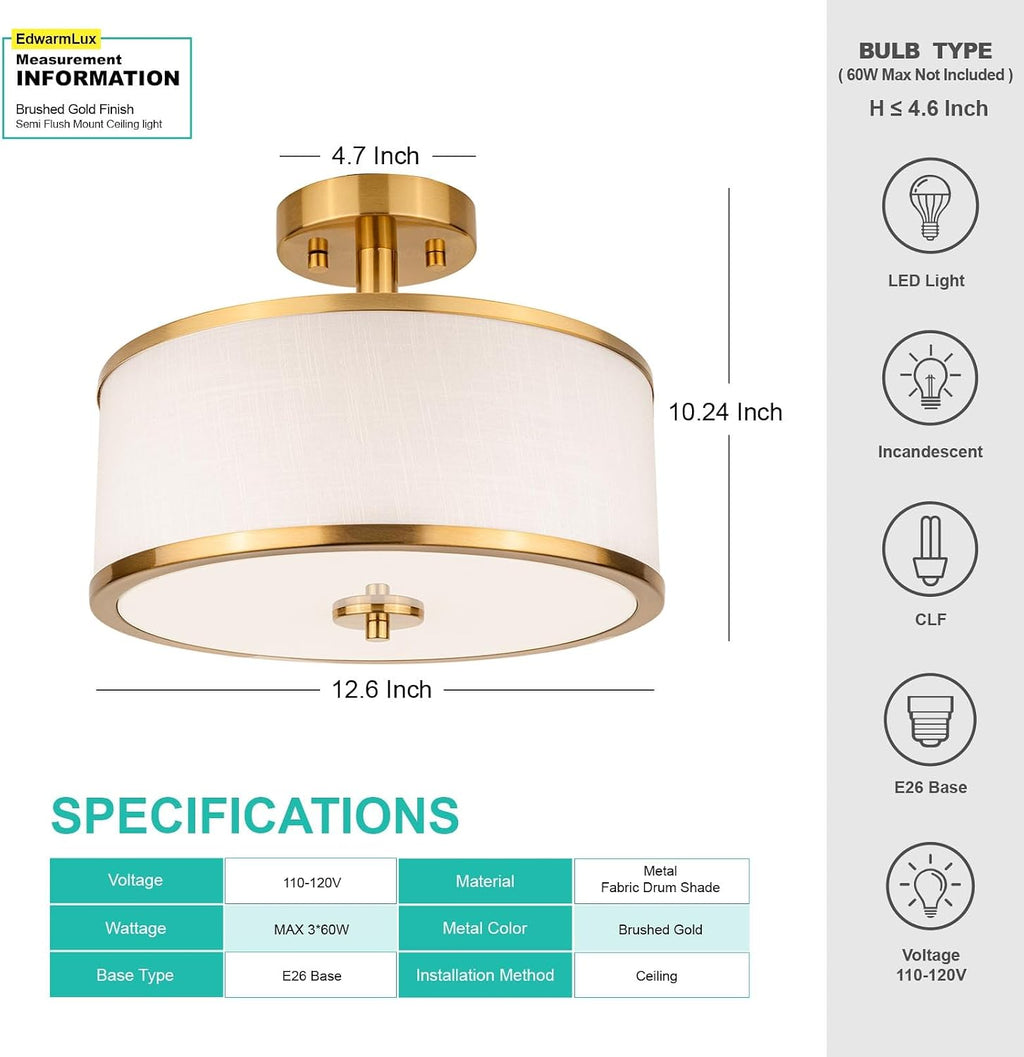 12.6" Gold White Fabric 3-Light Drum Ceiling Light
