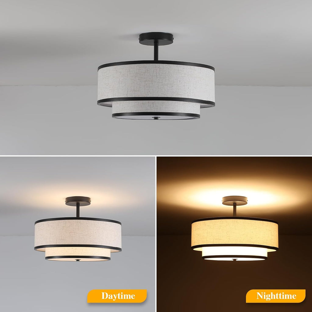Black 3-Light Double Fabric Drum Flush Ceiling Light