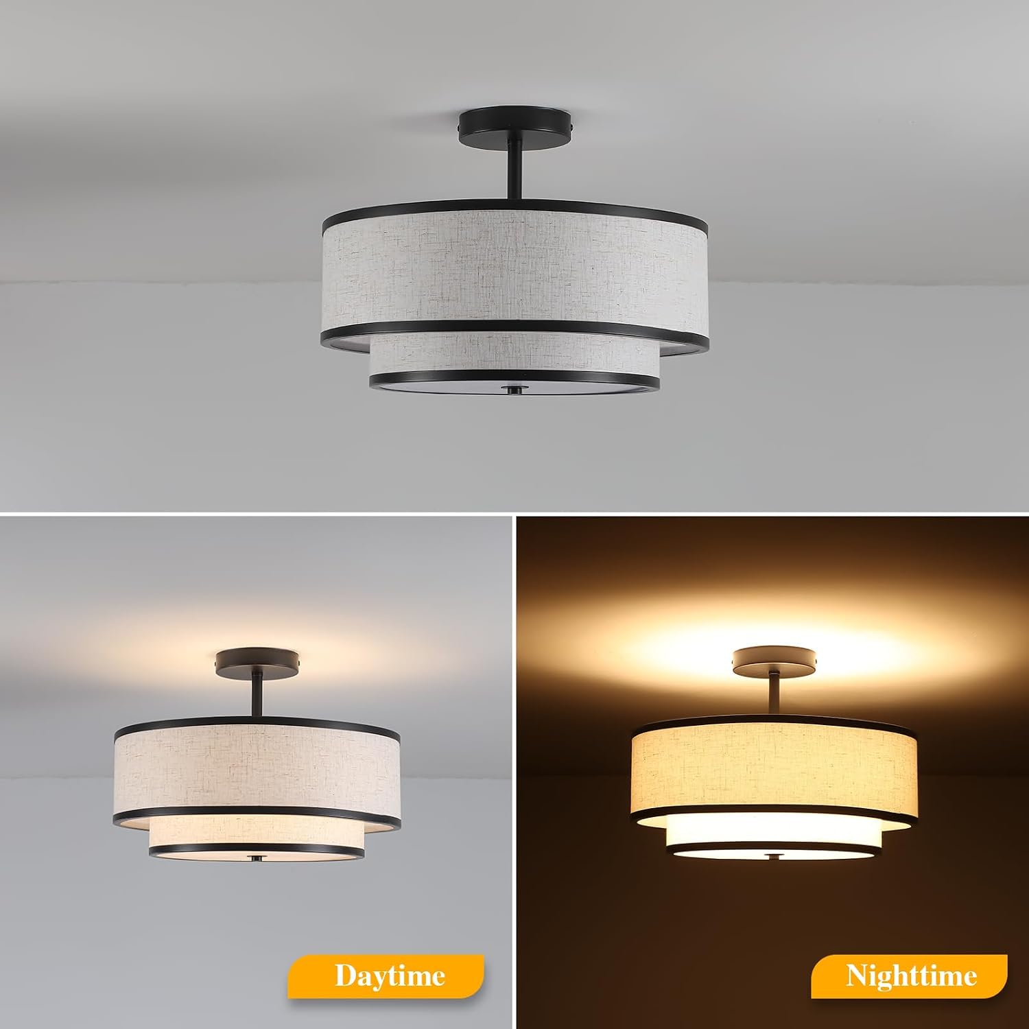 Black 3-Light Double Fabric Drum Flush Ceiling Light
