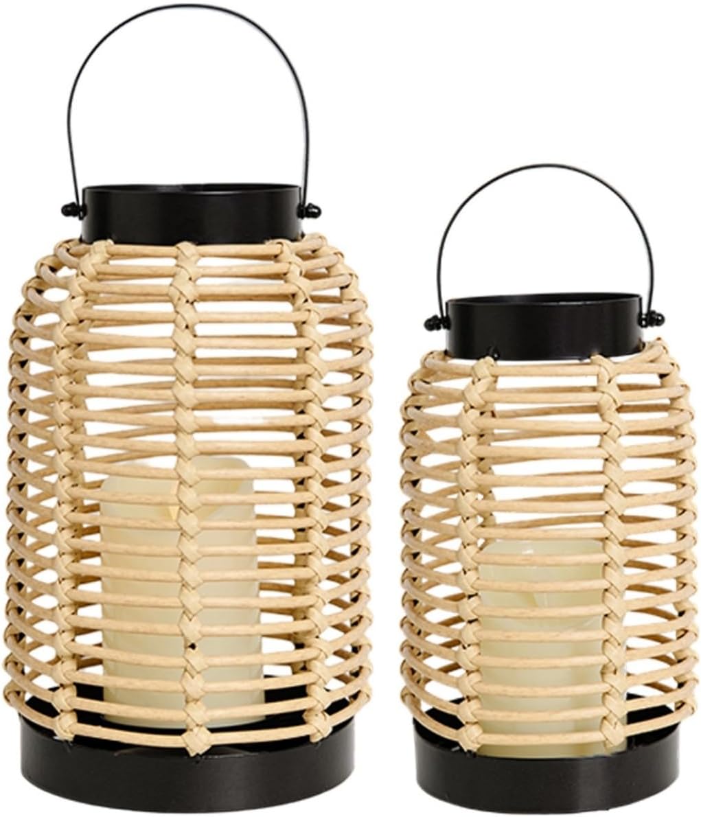 14" Black Rattan LED Lantern