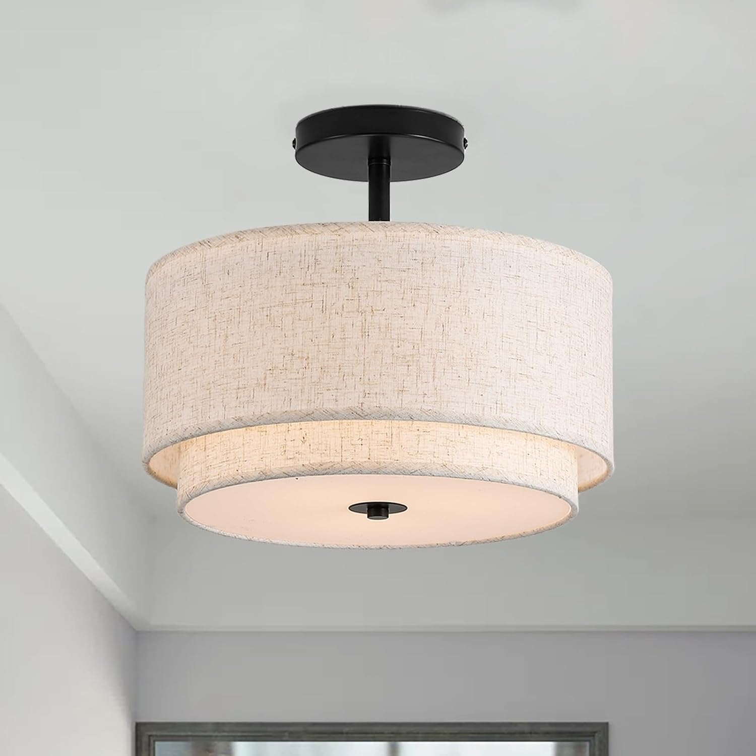 12.6" 3-Light Double Linen Drum Flush Ceiling Light