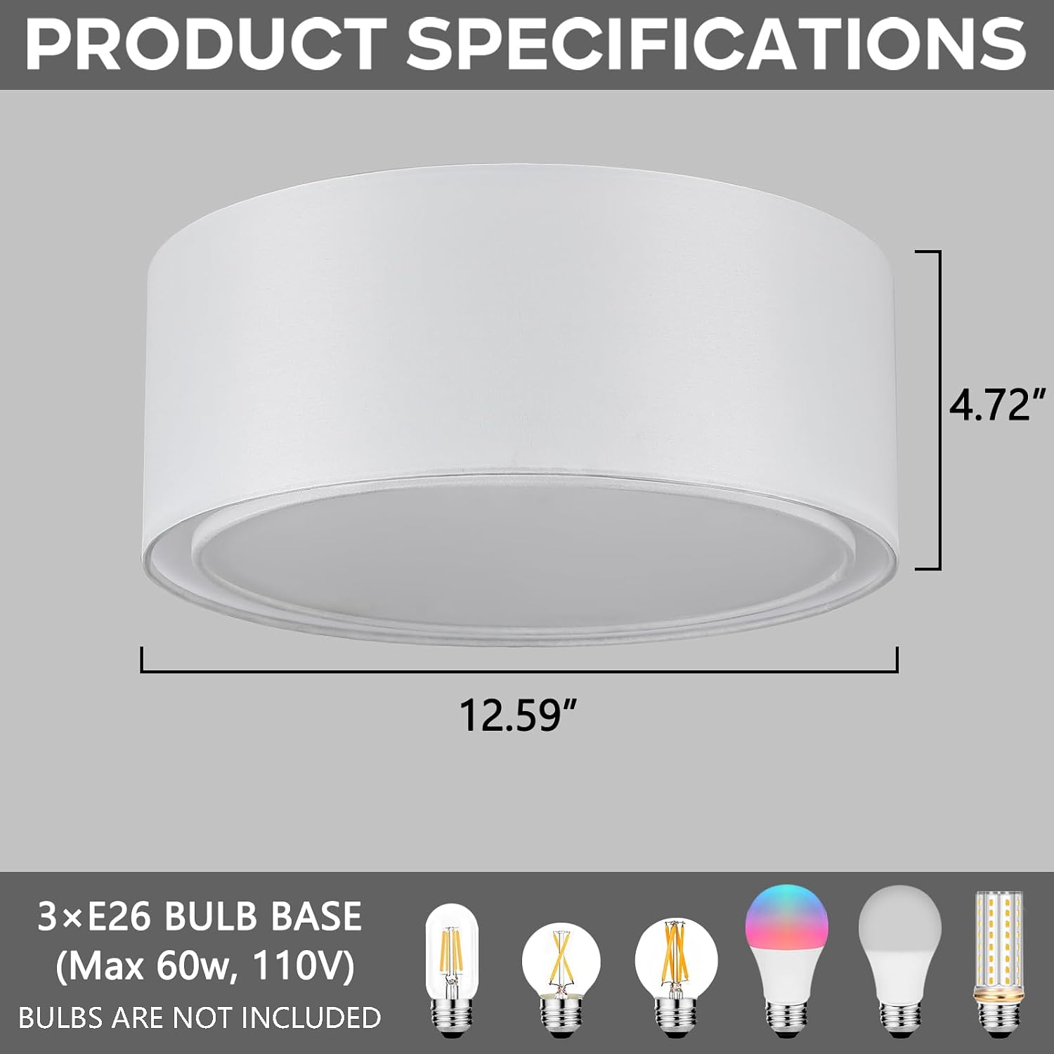 12.59" Double Fabric Drum 3-Light Ceiling Light