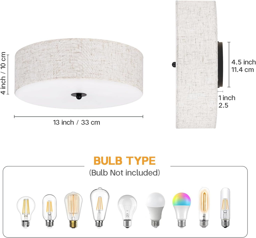 13" Beige Linen Drum 2-Light Flush Ceiling Light