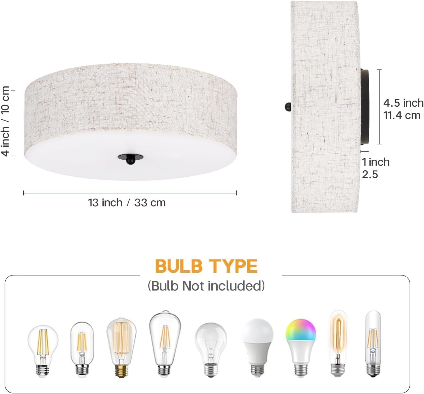 13" Beige Linen Drum 2-Light Flush Ceiling Light