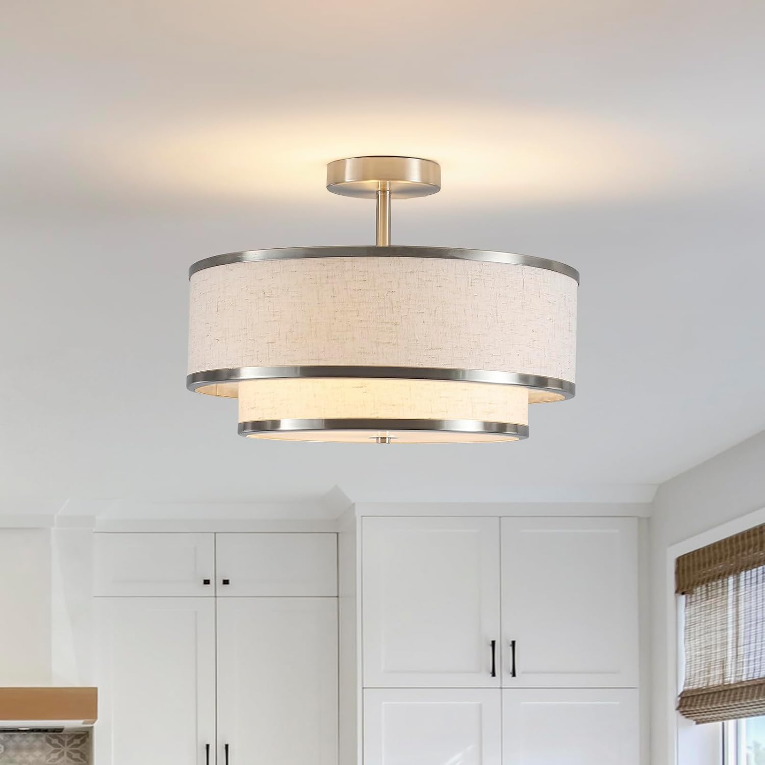 Brushed Nickel 3-Light Double Fabric Drum Ceiling Light