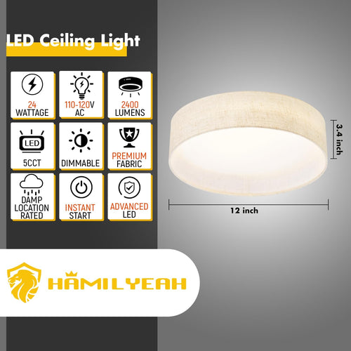 12" 24W Dimmable 5CCT Fabric Drum LED Ceiling Light