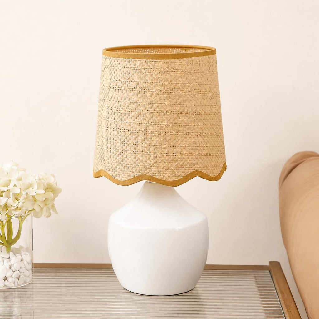Boho Rattan Shade White Ceramic Table Lamp