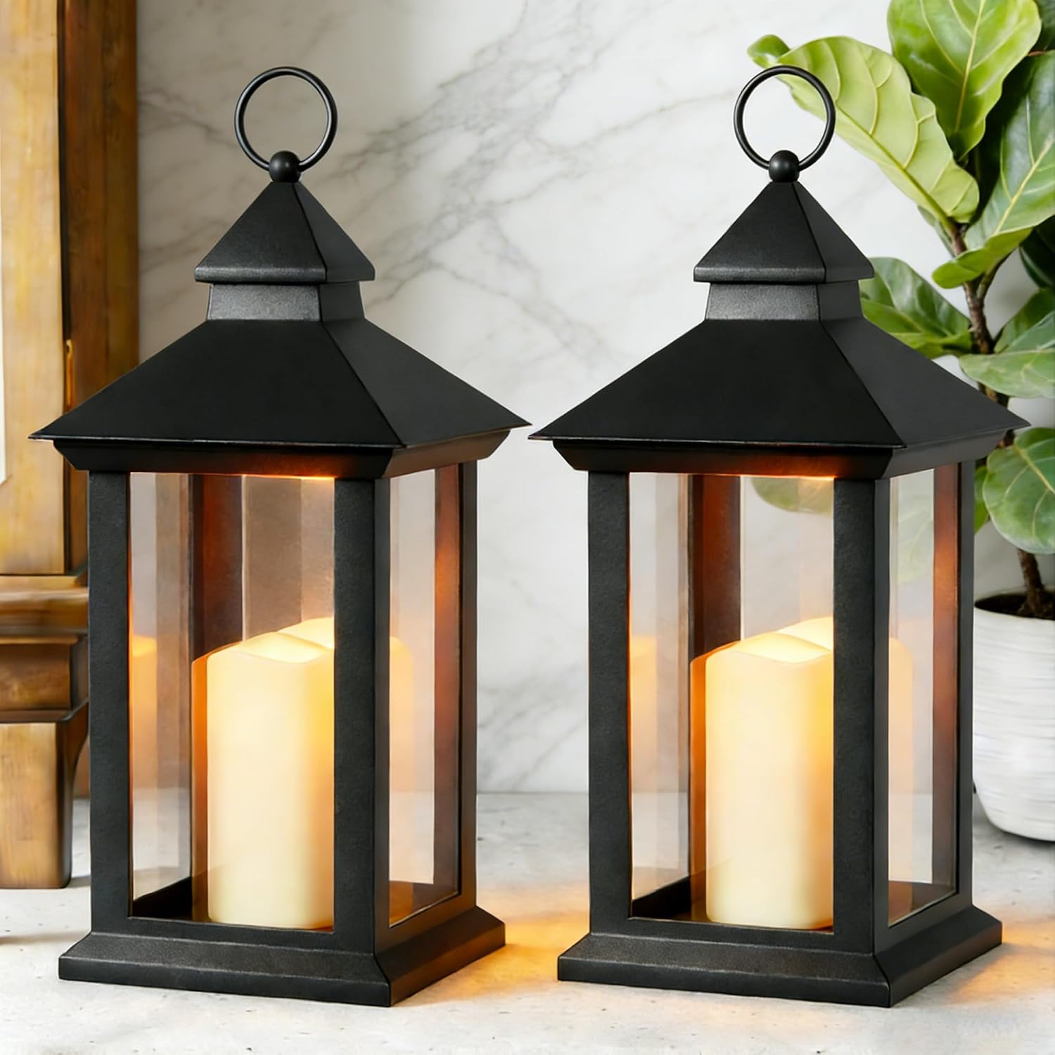 14" Battery Black Lanterns Set of 2