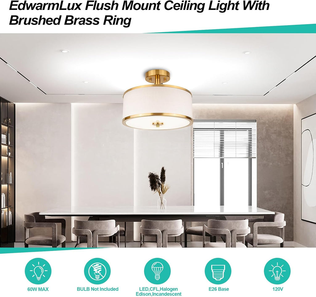 12.6" Gold White Fabric 3-Light Drum Ceiling Light
