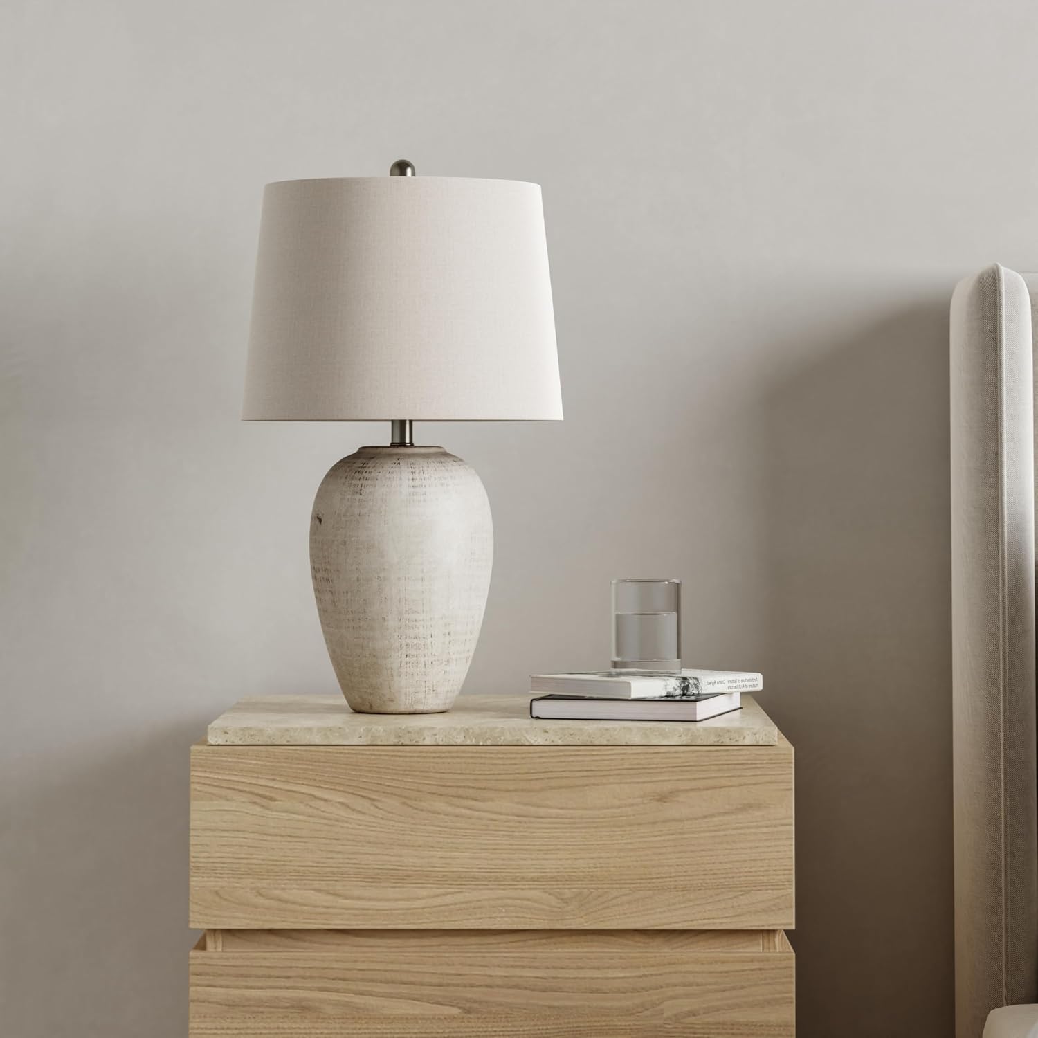 23" Distressed Cream Beige Ceramic Jar Table Lamp with Ivory Shade