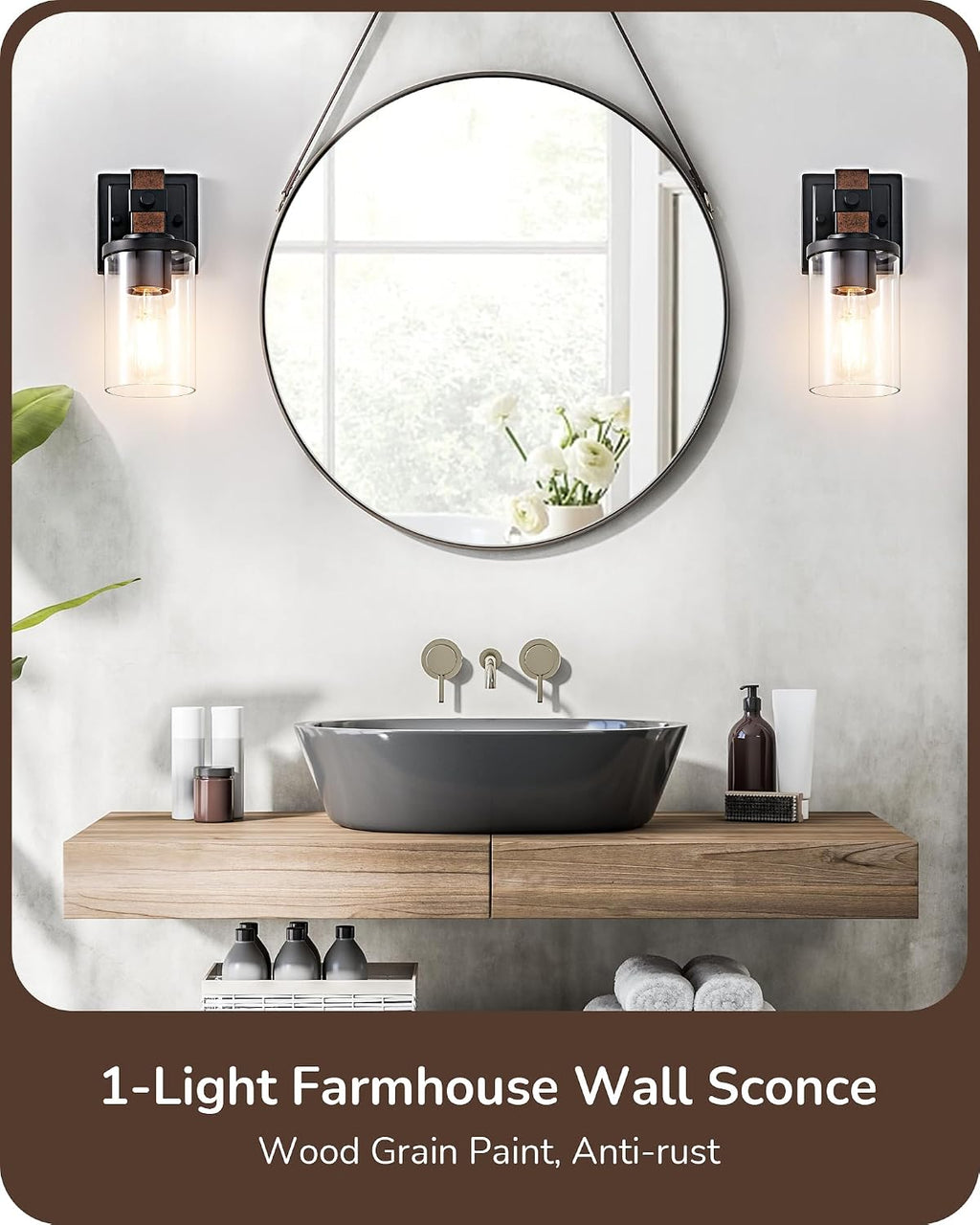 1-Light Faux Wood Clear Glass Farmhouse Wall Sconces Set of 2