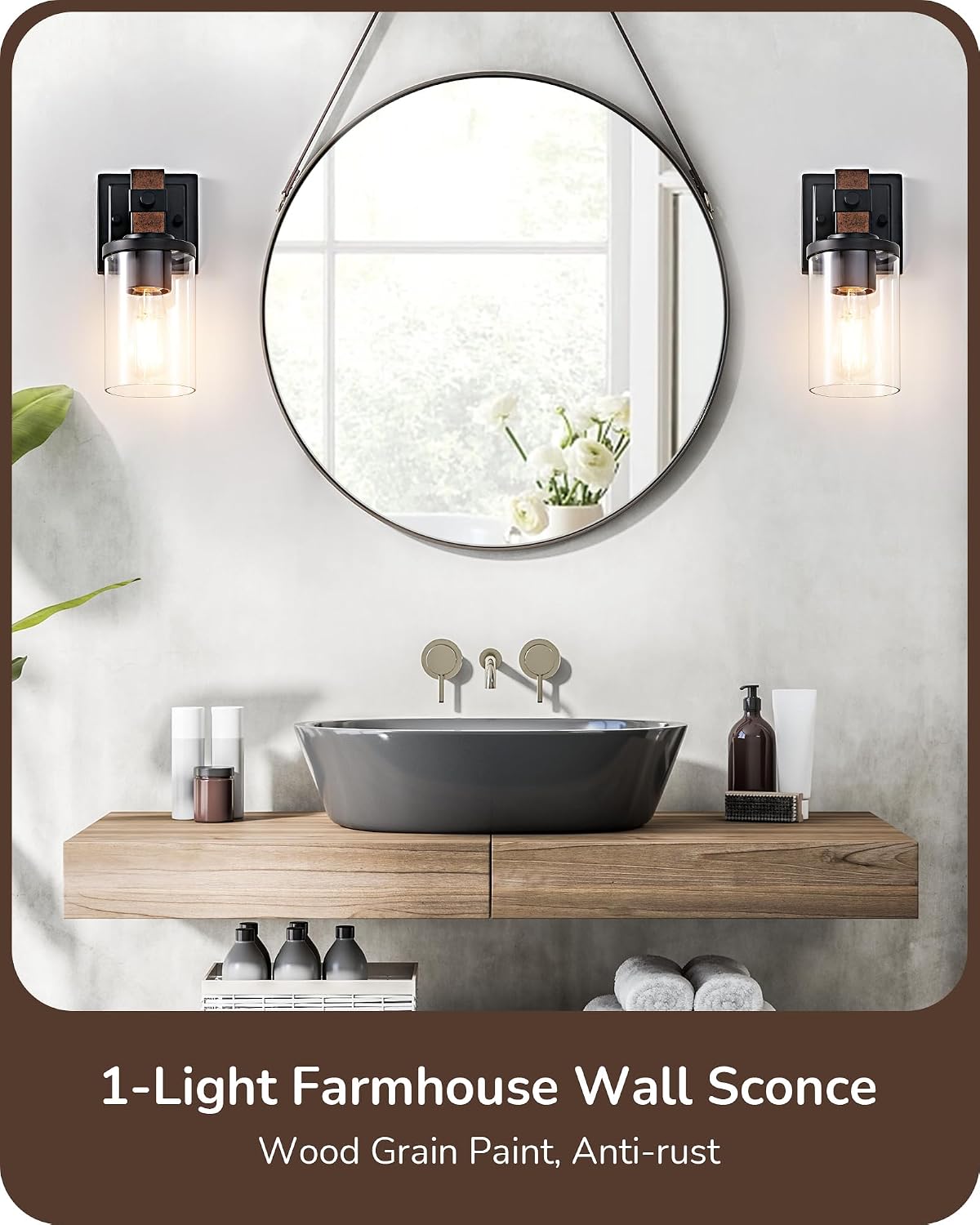 1-Light Faux Wood Clear Glass Farmhouse Wall Sconces Set of 2