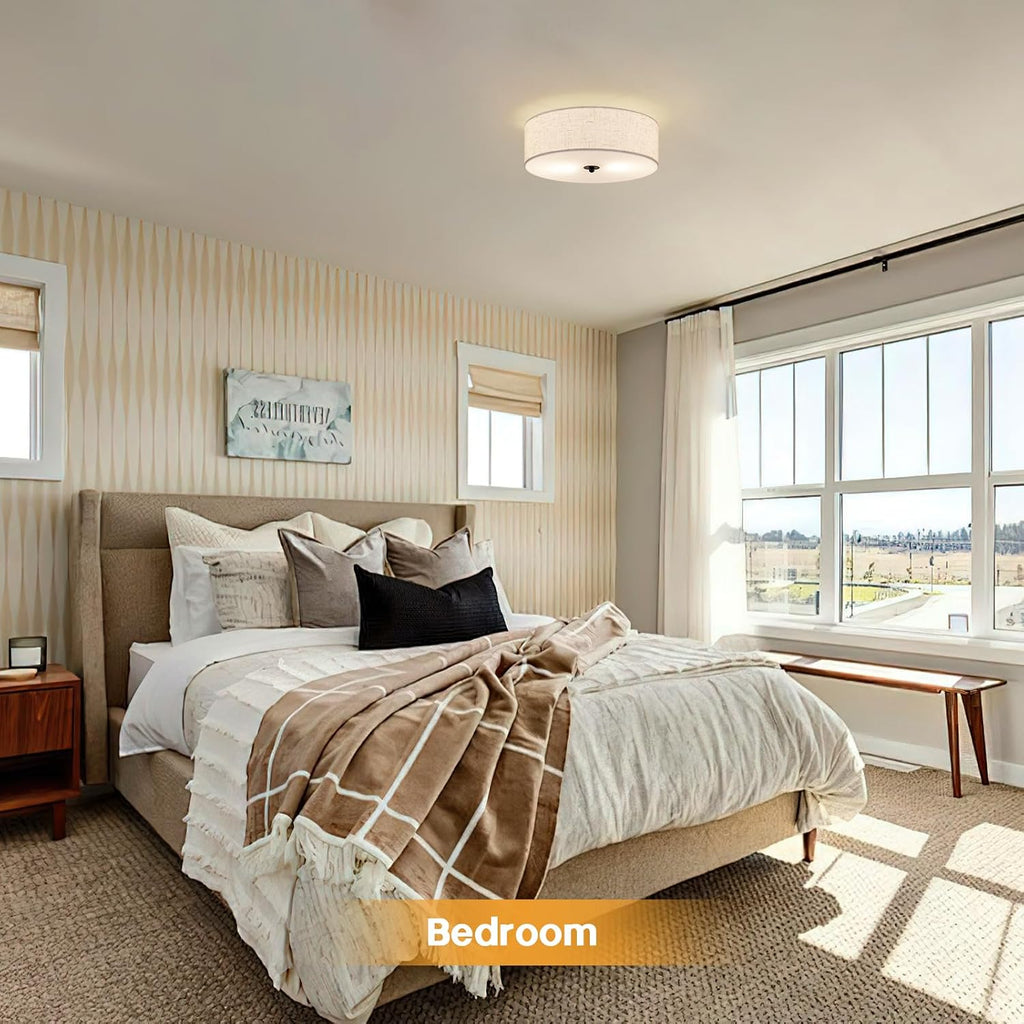 13" Beige Linen Drum 2-Light Flush Ceiling Light