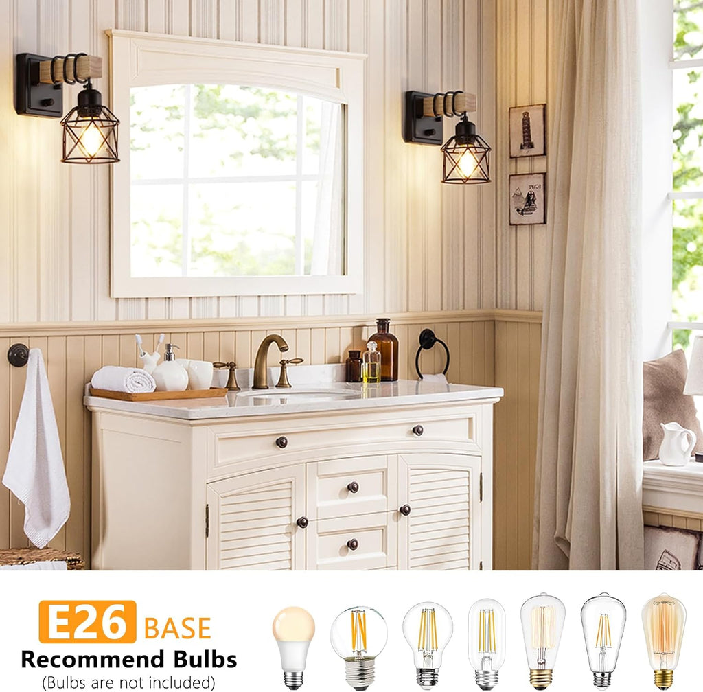 Wood Black Metal Cage Dimmable Wall Sconces Set of 2 with Rotary Switch