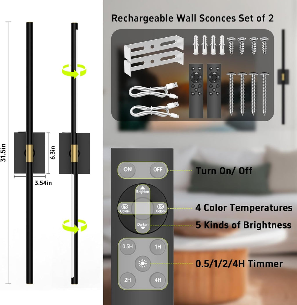 31.5" Black Rechargeable Wireless Wall Sconces Set of 2 with Remote