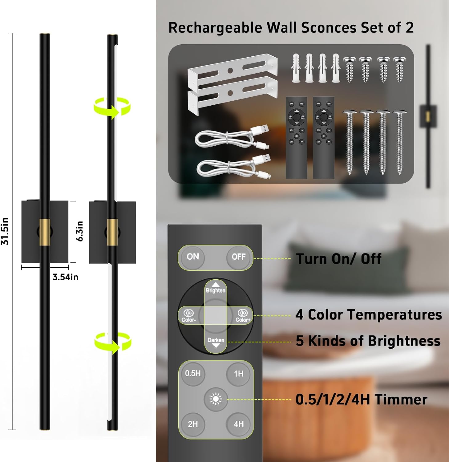 31.5" Black Rechargeable Wireless Wall Sconces Set of 2 with Remote