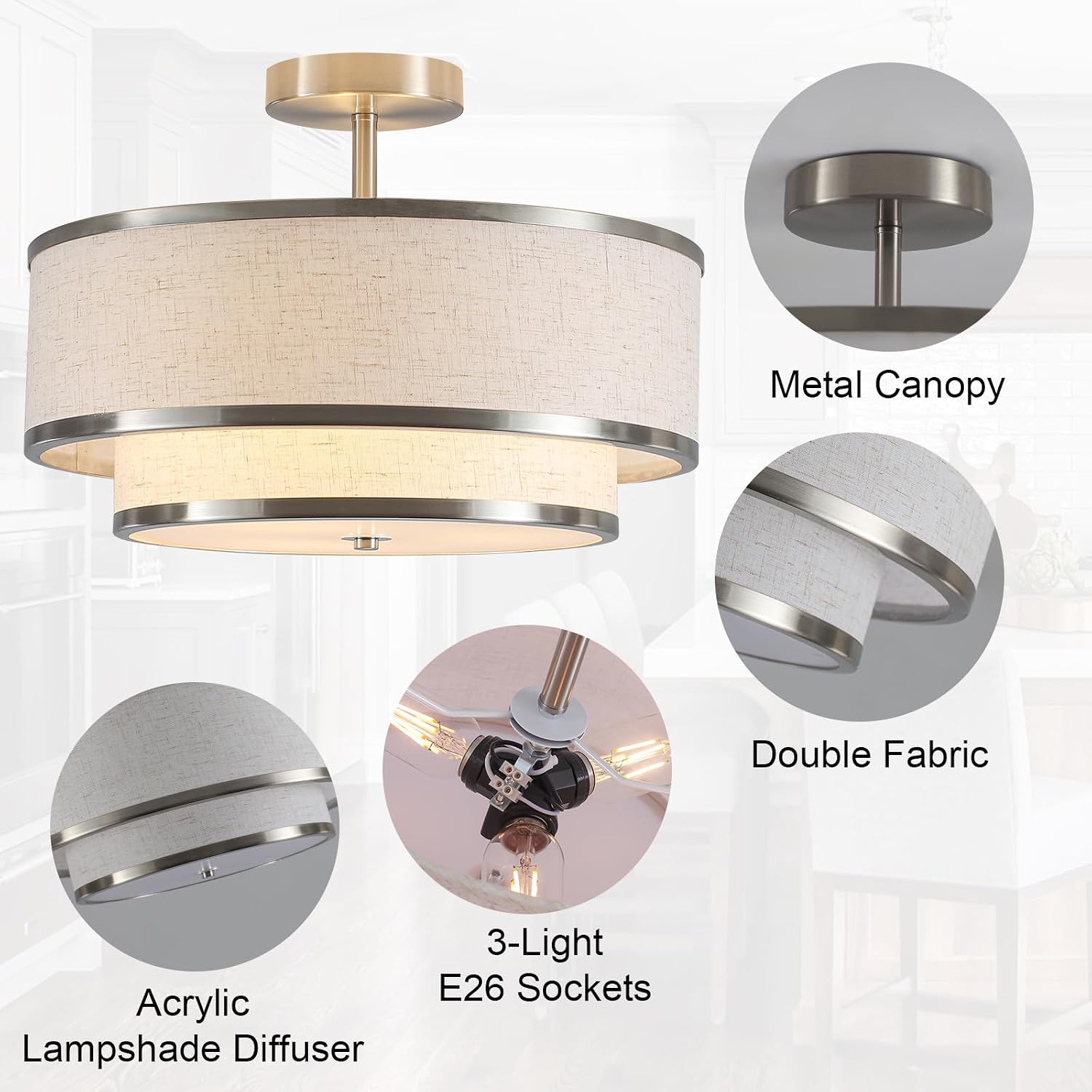 Brushed Nickel 3-Light Double Fabric Drum Ceiling Light