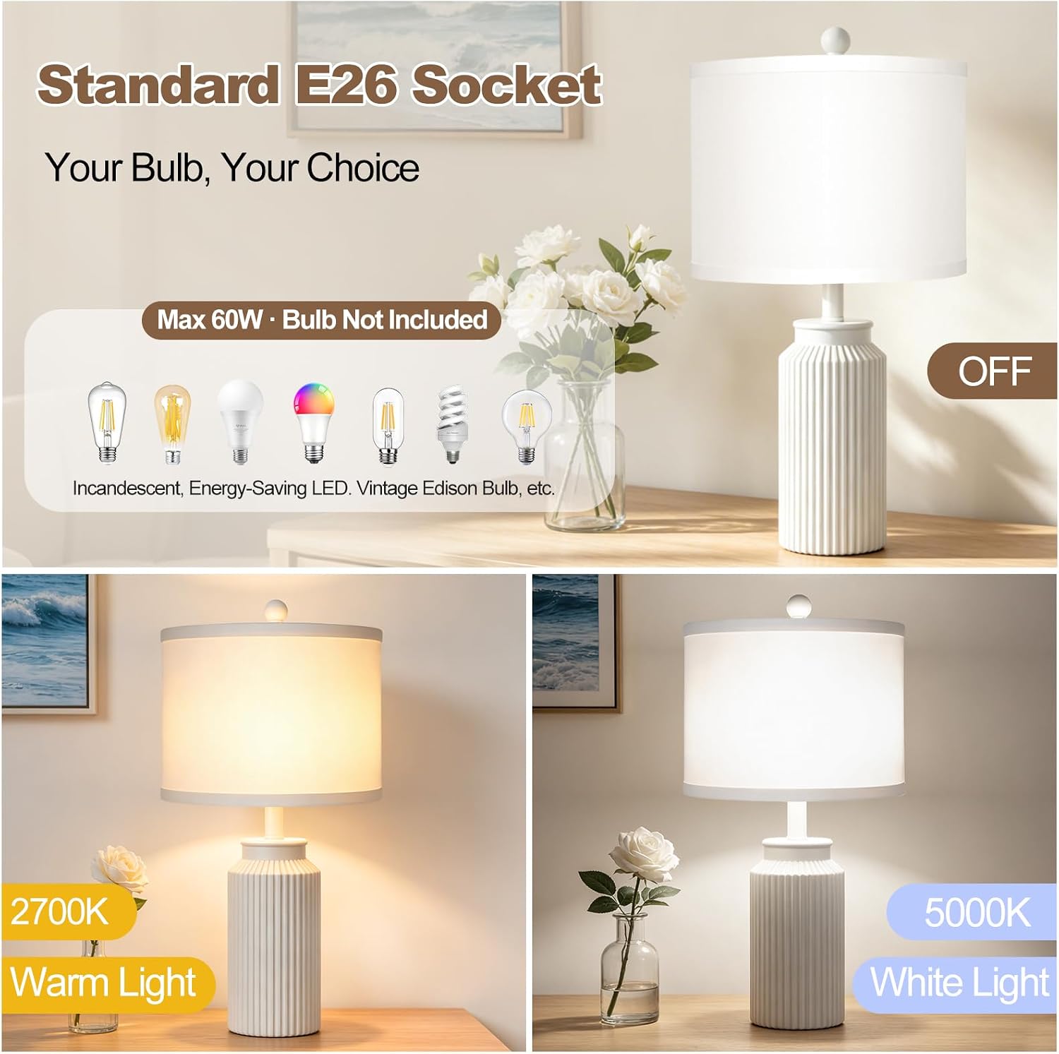 22" White Ceramic Table Lamps Set of 2