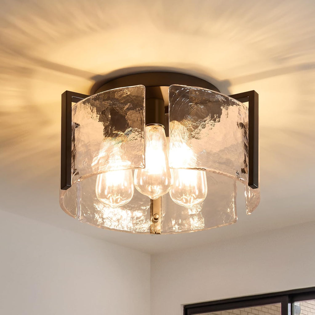 14" Black Glass Drum Semi Flush Ceiling Light