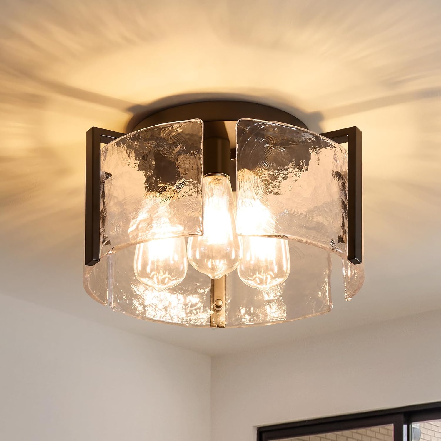 14" Black Glass Drum Semi Flush Ceiling Light