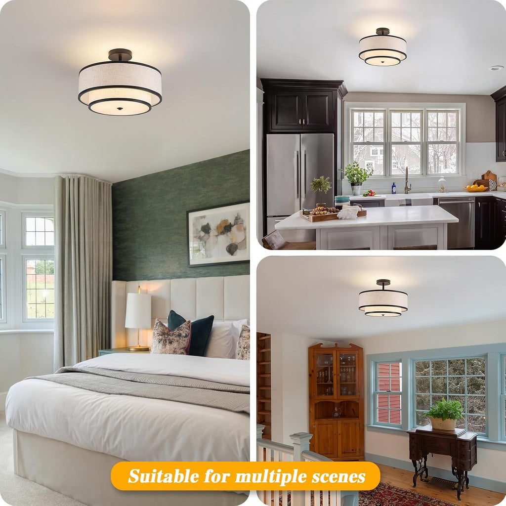 Black 3-Light Double Fabric Drum Flush Ceiling Light