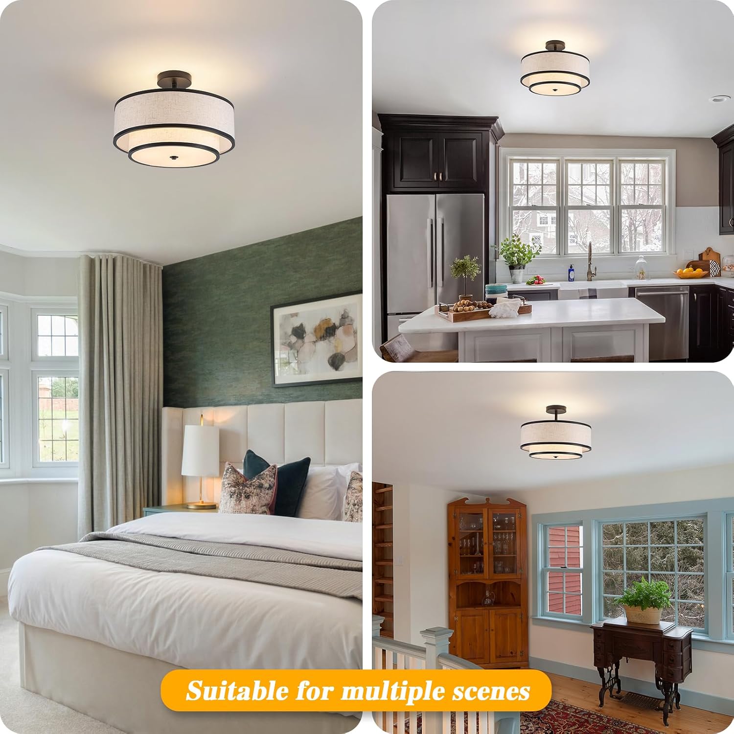 Black 3-Light Double Fabric Drum Flush Ceiling Light