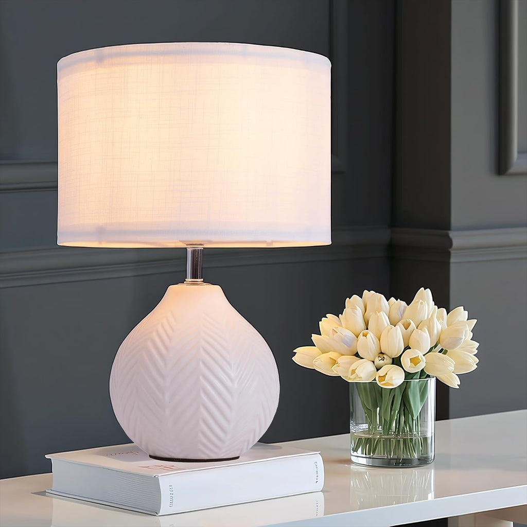 12" Leaf Pattern White Ceramic Table Lamp