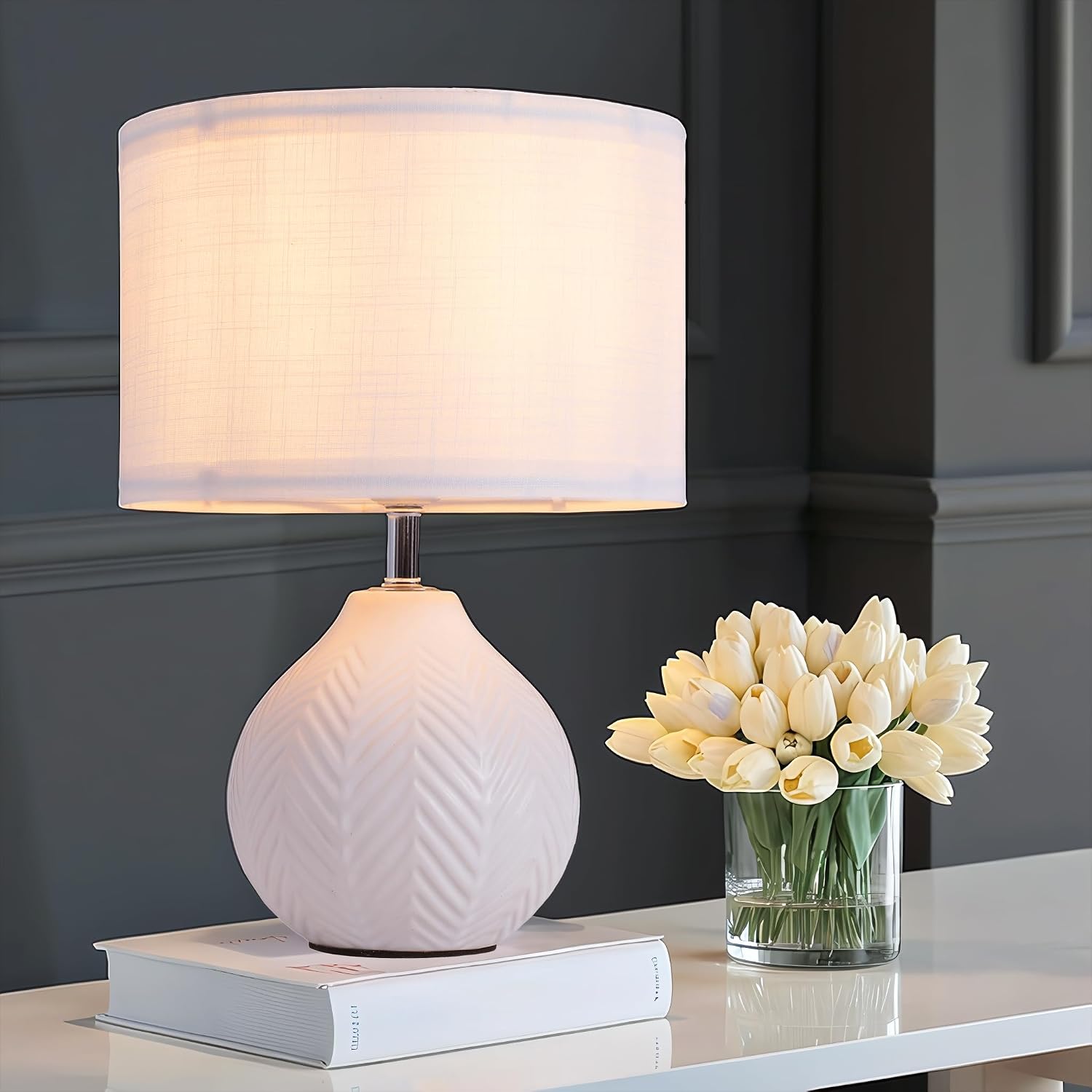 12" Leaf Pattern White Ceramic Table Lamp