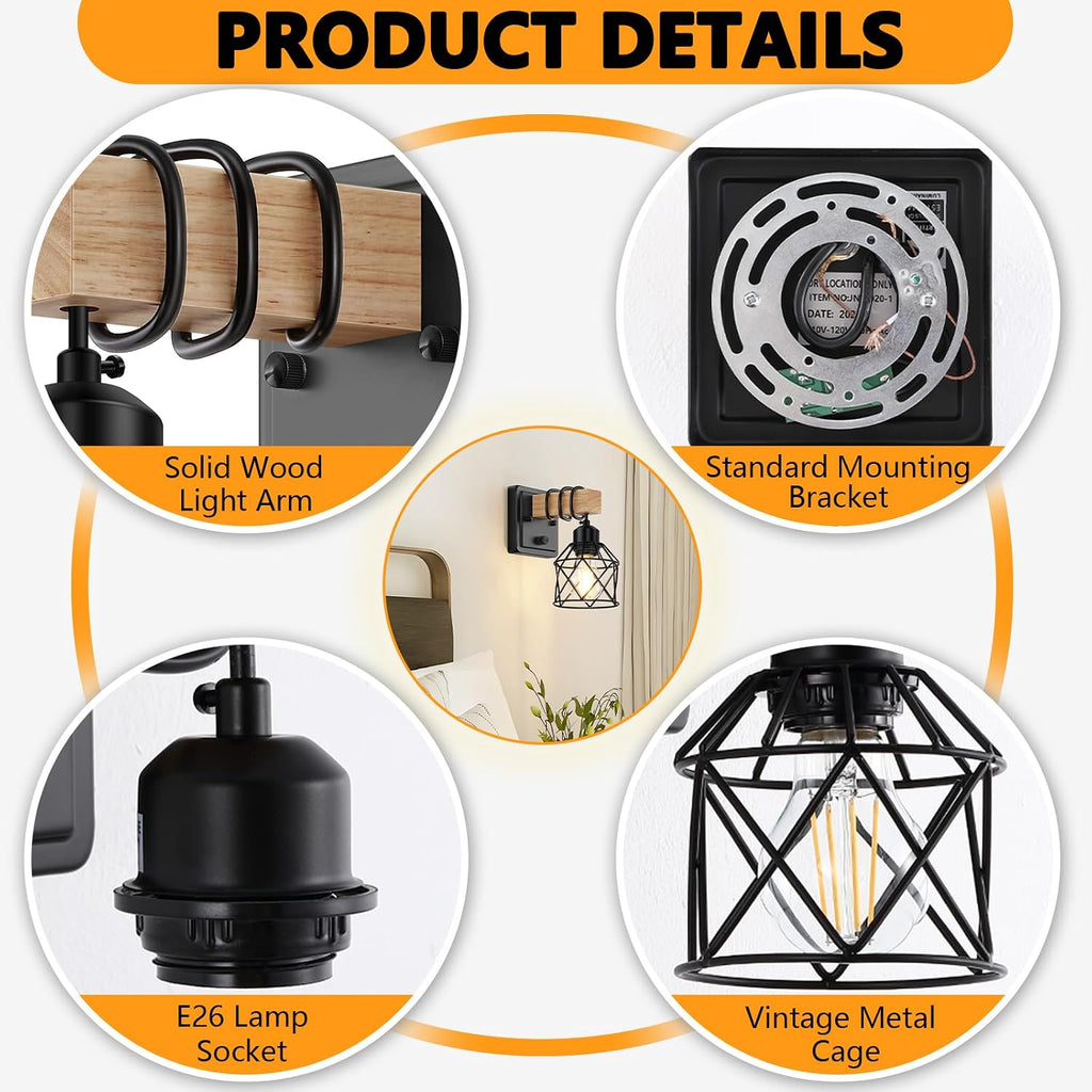 Wood Black Metal Cage Dimmable Wall Sconces Set of 2 with Rotary Switch