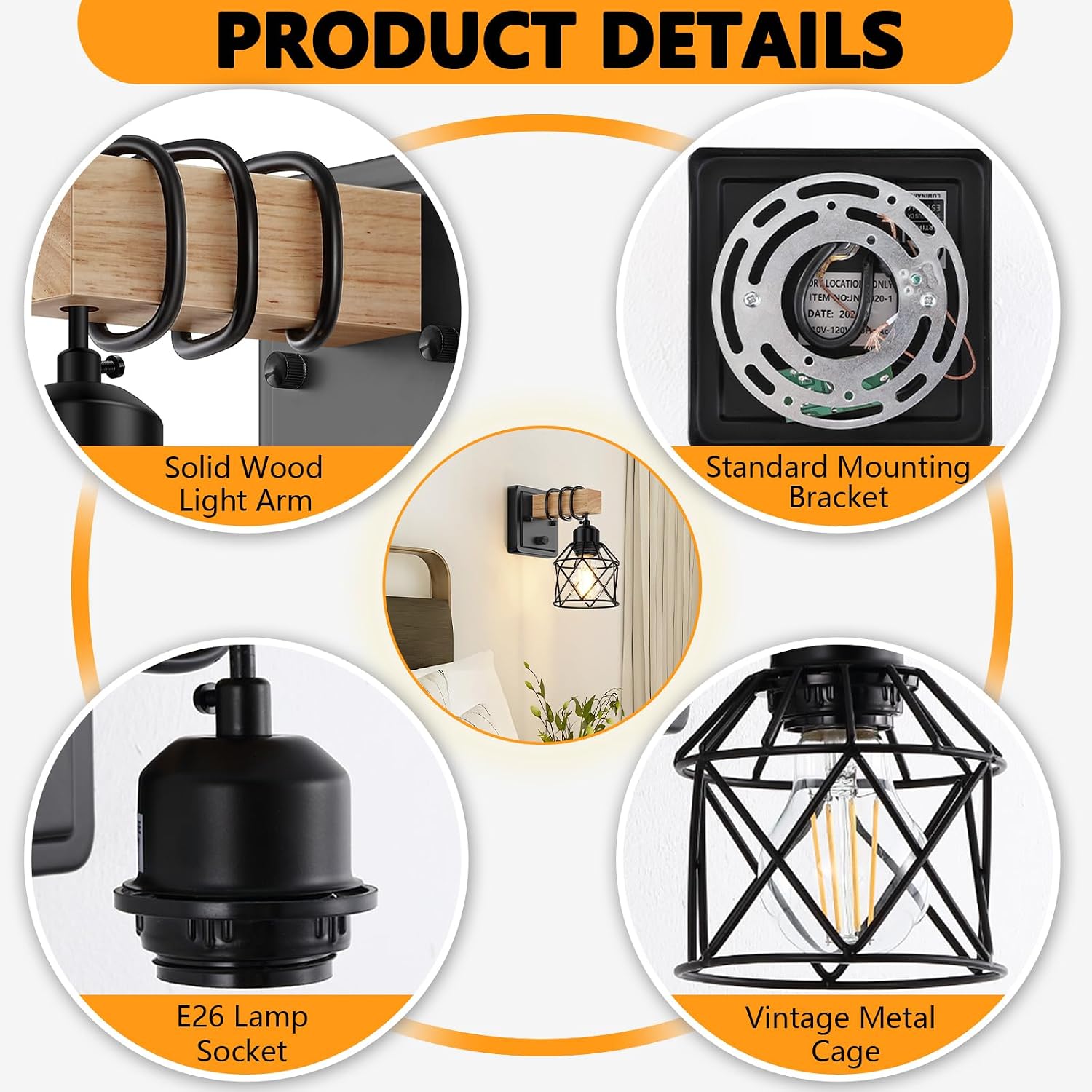 Wood Black Metal Cage Dimmable Wall Sconces Set of 2 with Rotary Switch