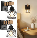 Wood Black Metal Cage Dimmable Wall Sconces Set of 2 with Rotary Switch