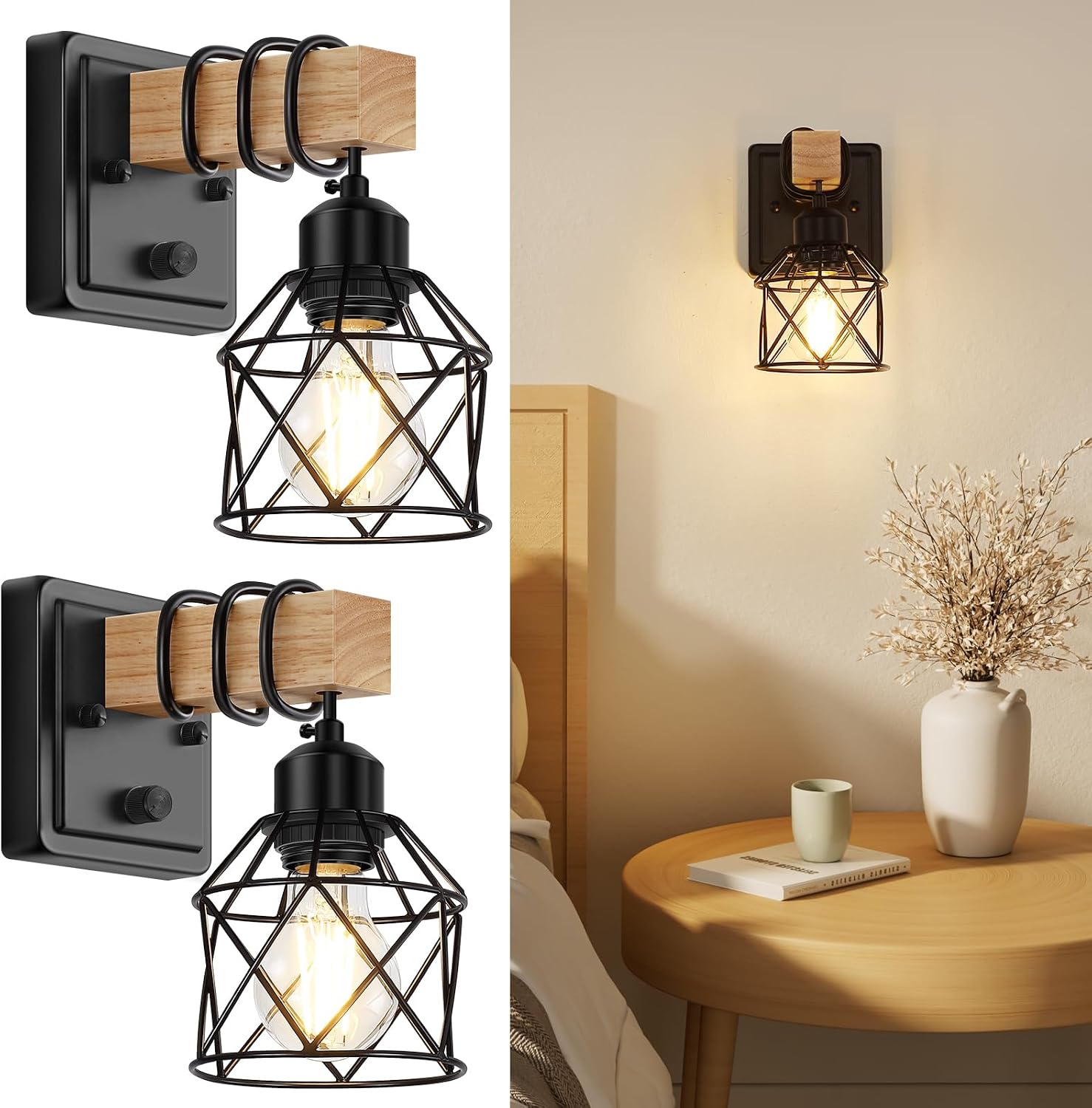 Wood Black Metal Cage Dimmable Wall Sconces Set of 2 with Rotary Switch