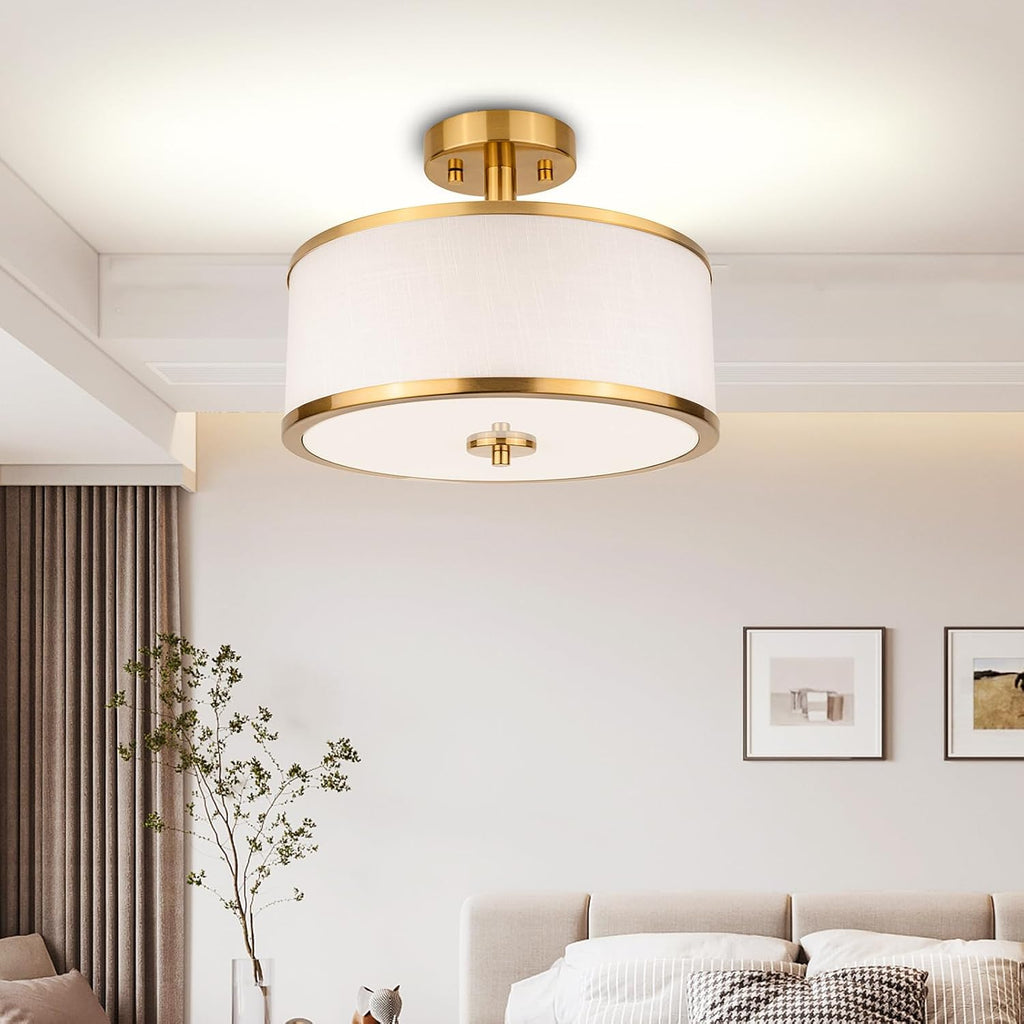 12.6" Gold White Fabric 3-Light Drum Ceiling Light